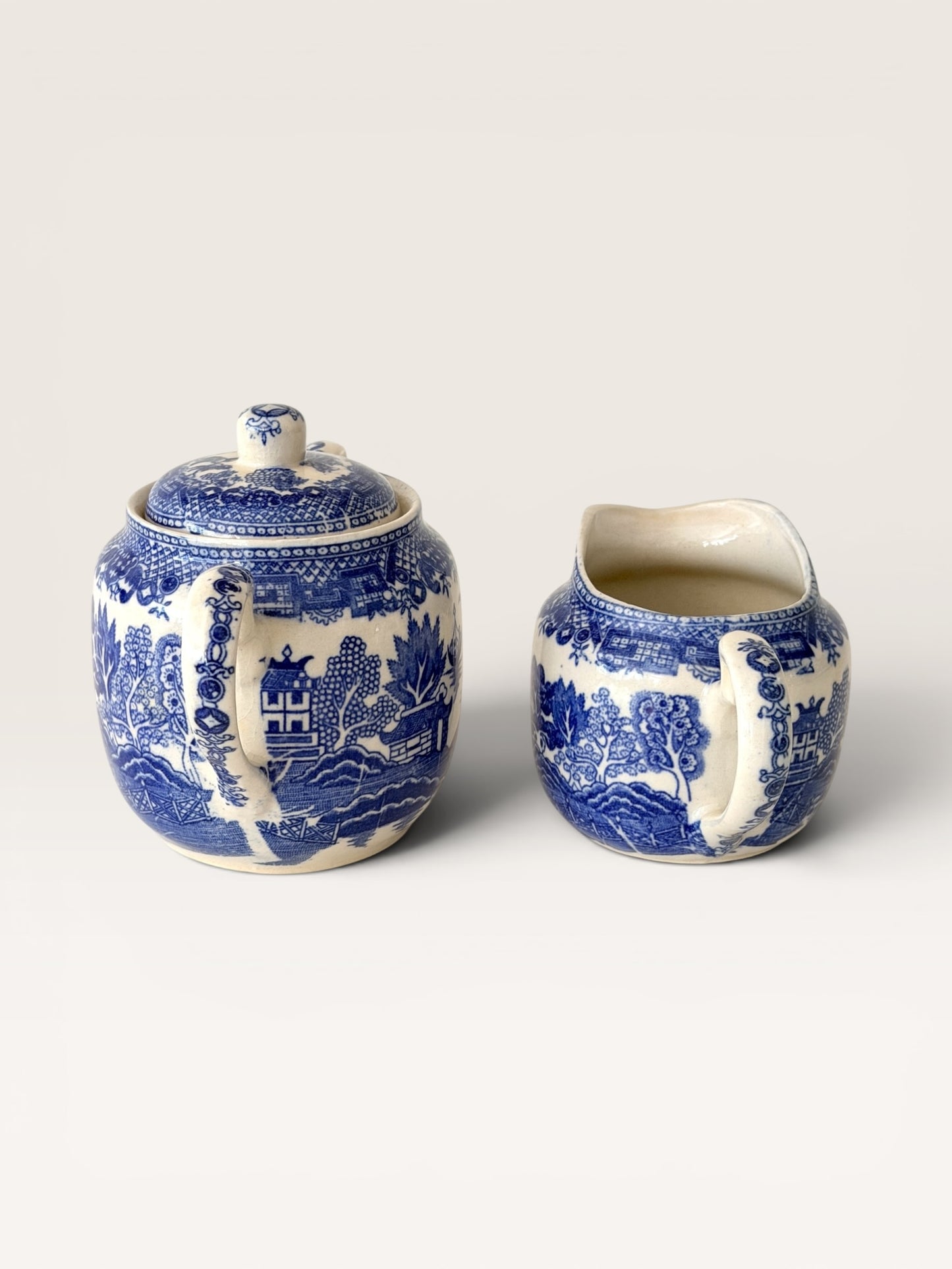 Vintage Blue Willow Creamer & Covered Sugar Bowl Set