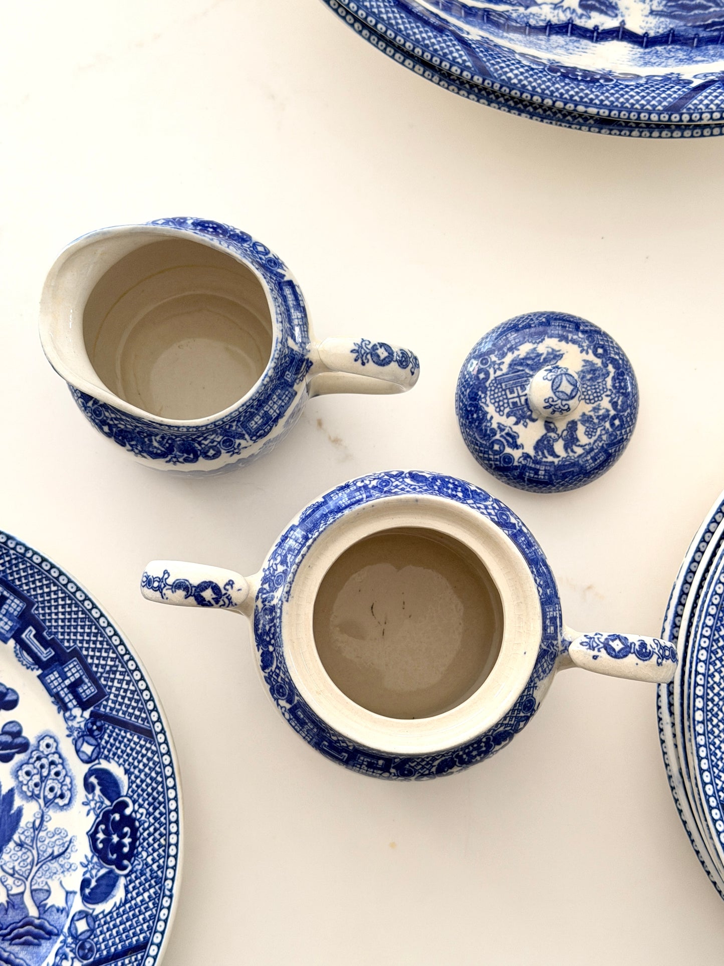 Vintage Blue Willow Creamer & Covered Sugar Bowl Set