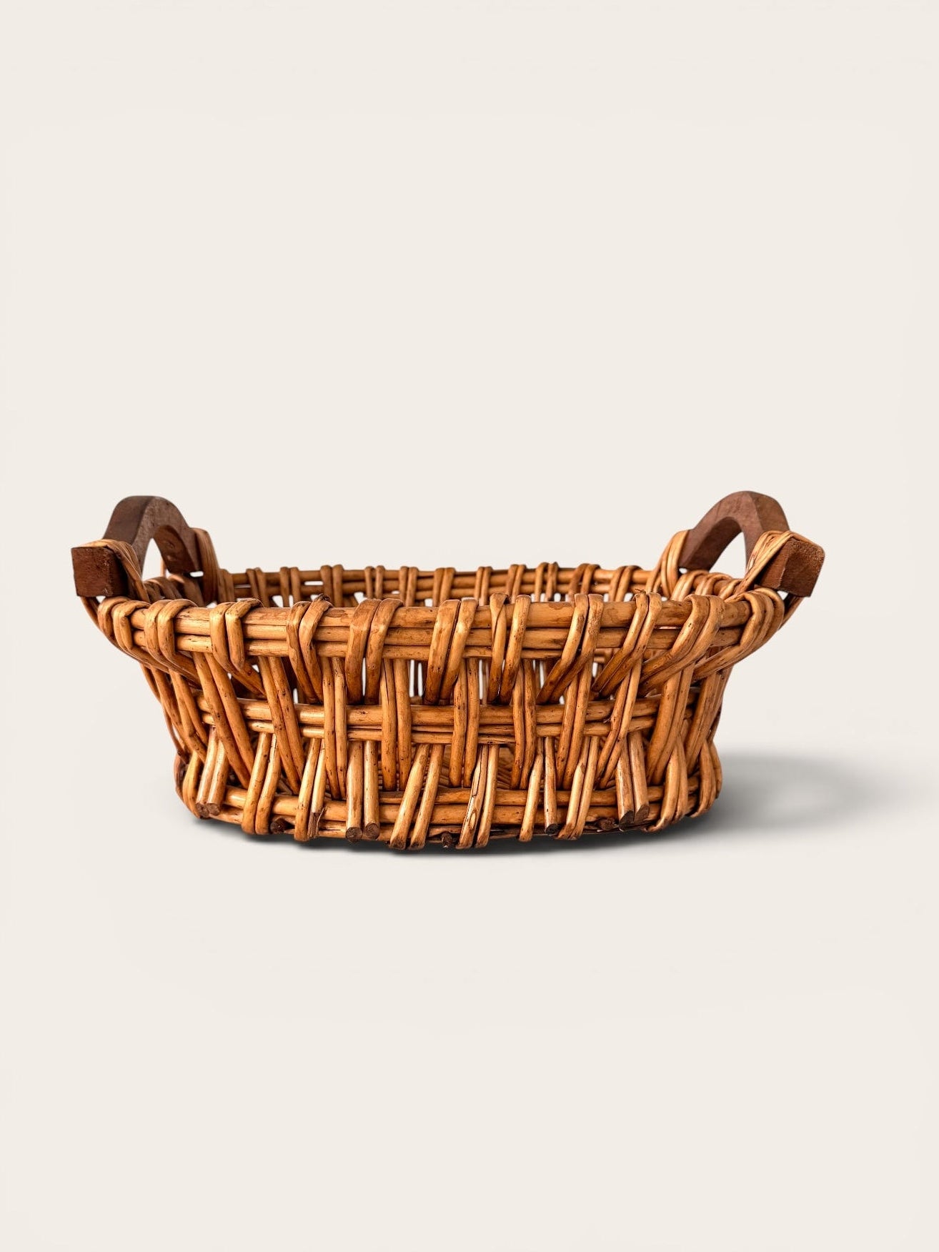 Vintage Hand Woven Wicker Basket with Wood Handles