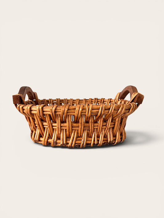 Vintage Hand Woven Wicker Basket with Wood Handles