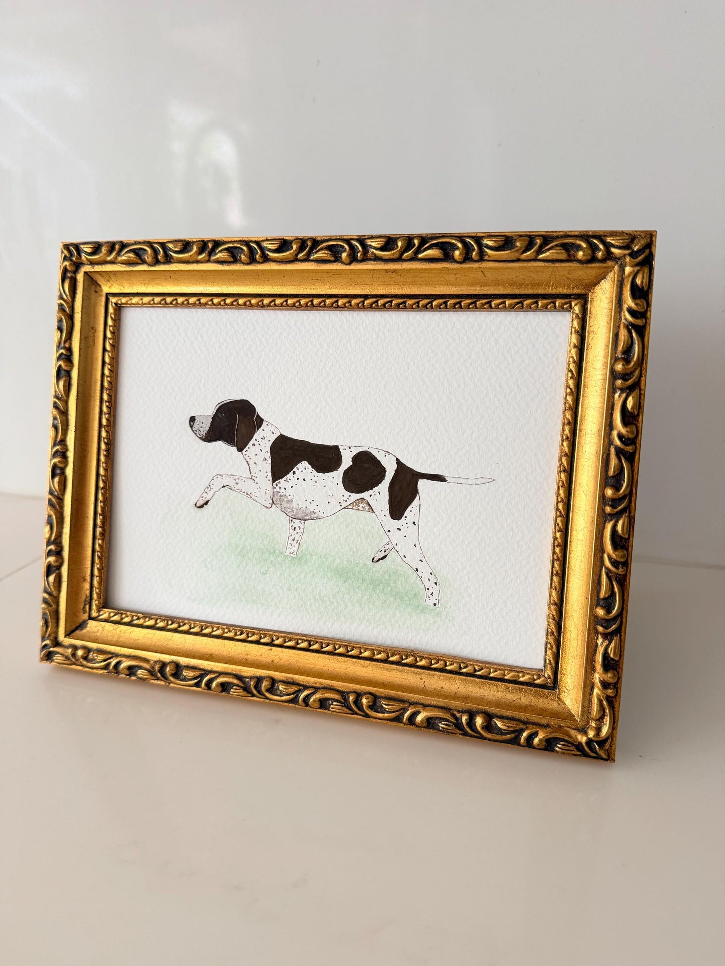 Original Framed Painting German Shorthair Pointer Hunting Dog Wading (Gouache & Watercolor)