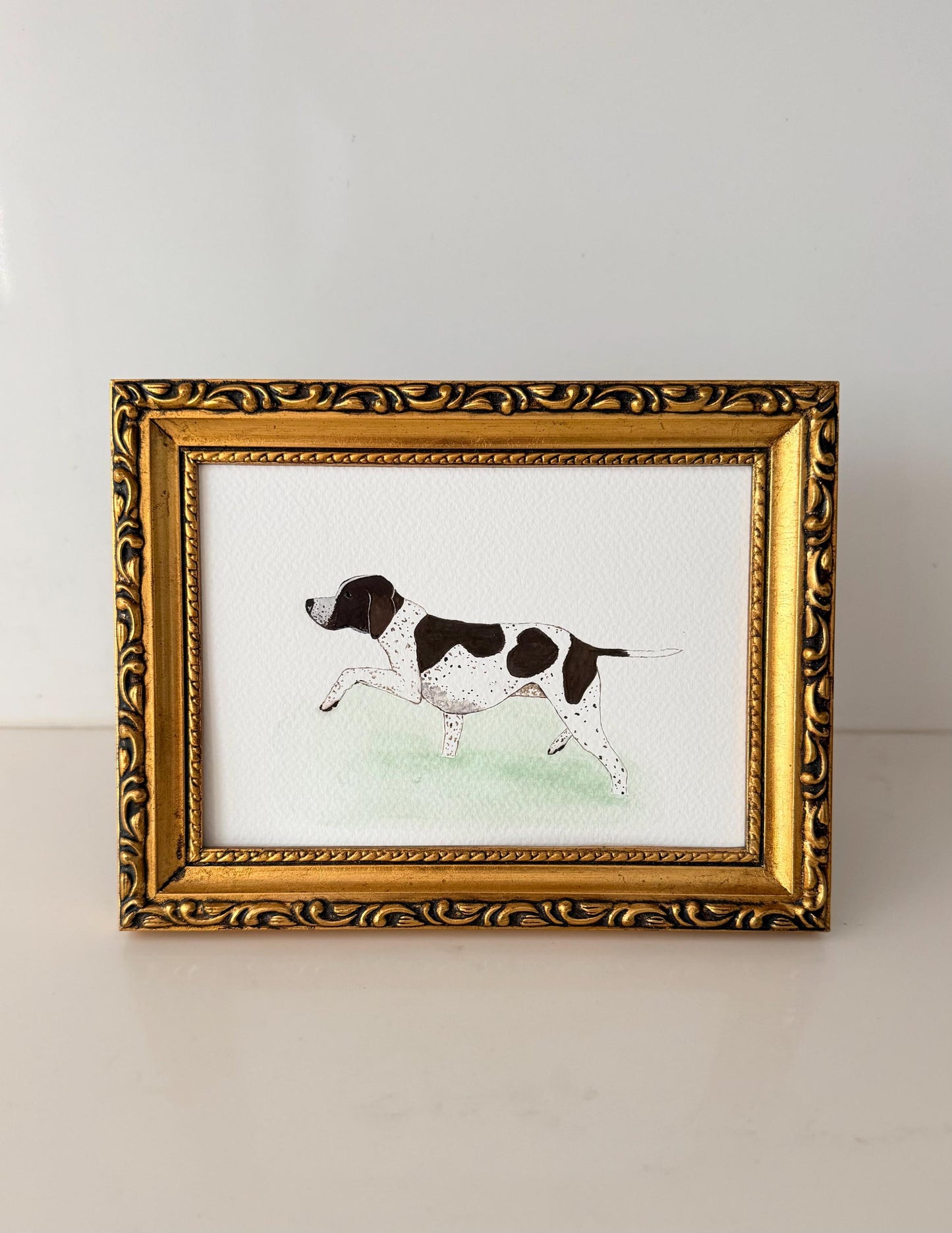 Original Framed Painting German Shorthair Pointer Hunting Dog Wading (Gouache & Watercolor)