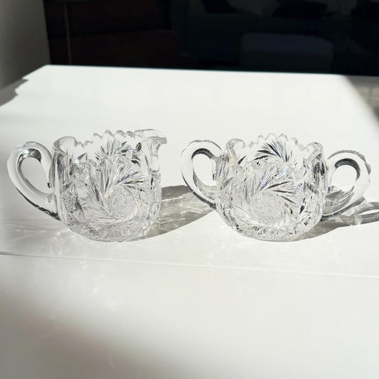 Antique Crystal Sugar Bowl and Creamer Set