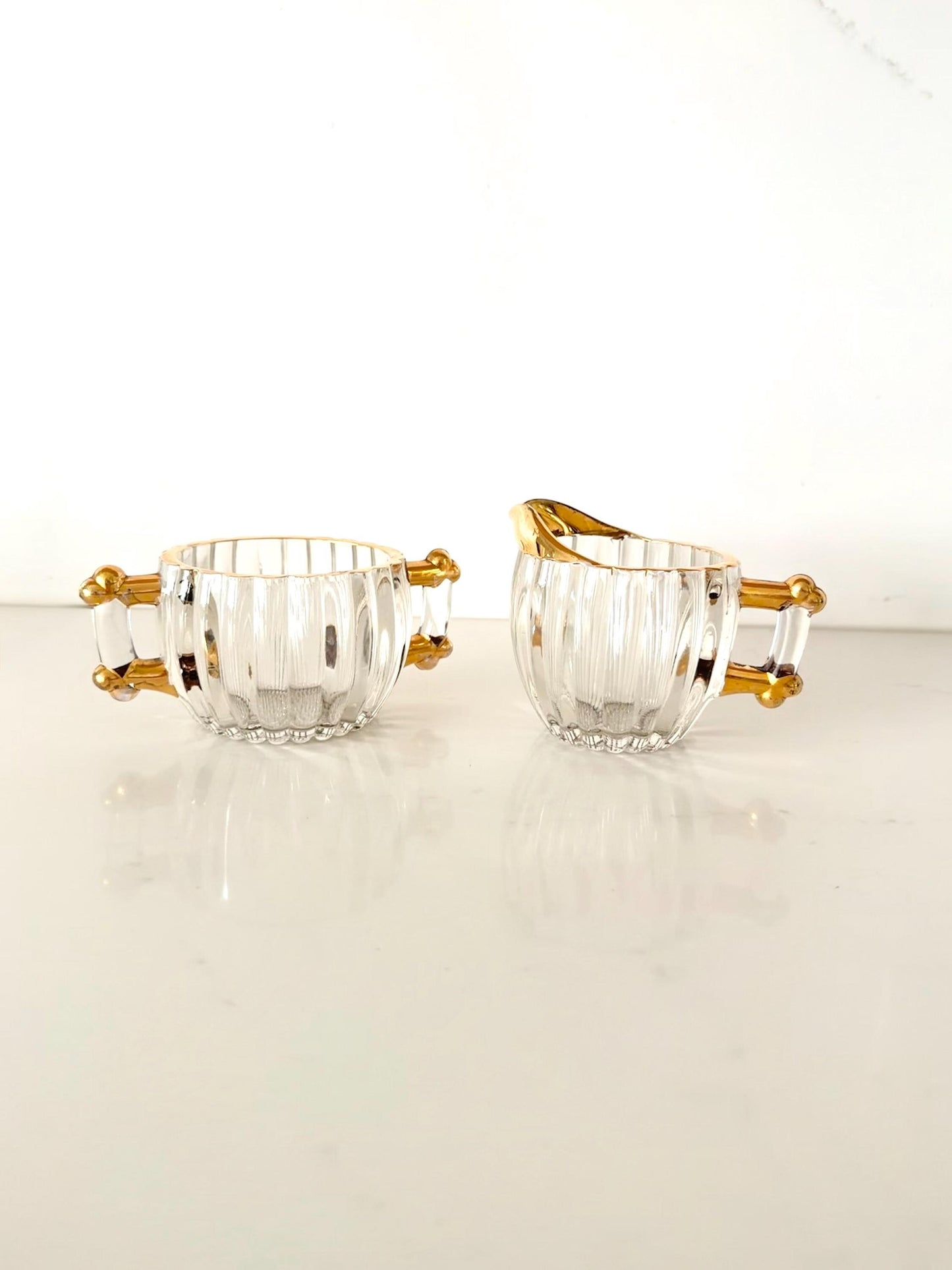 Vintage Jeannette Glass Sugar Bowl and Creamer Set with 22k Gold Rim