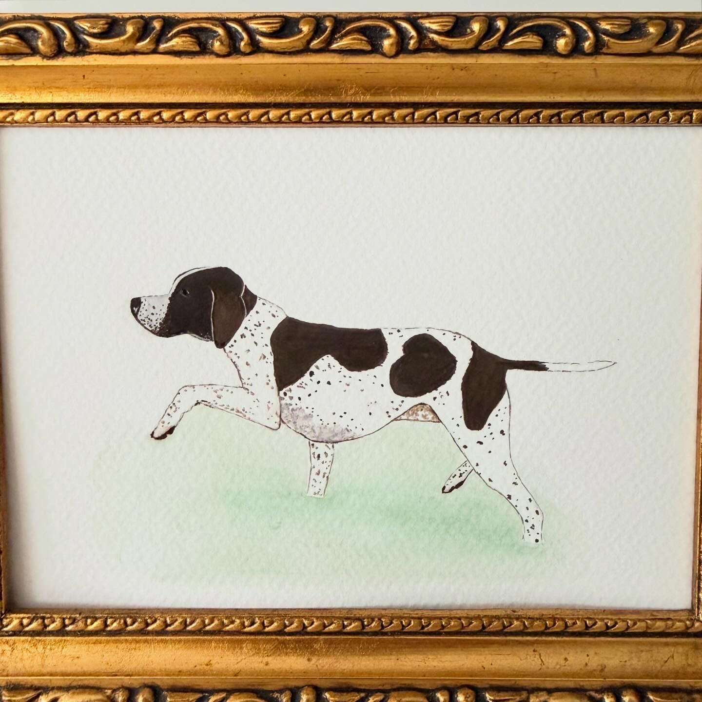 Original Framed Painting German Shorthair Pointer Hunting Dog Wading (Gouache & Watercolor)