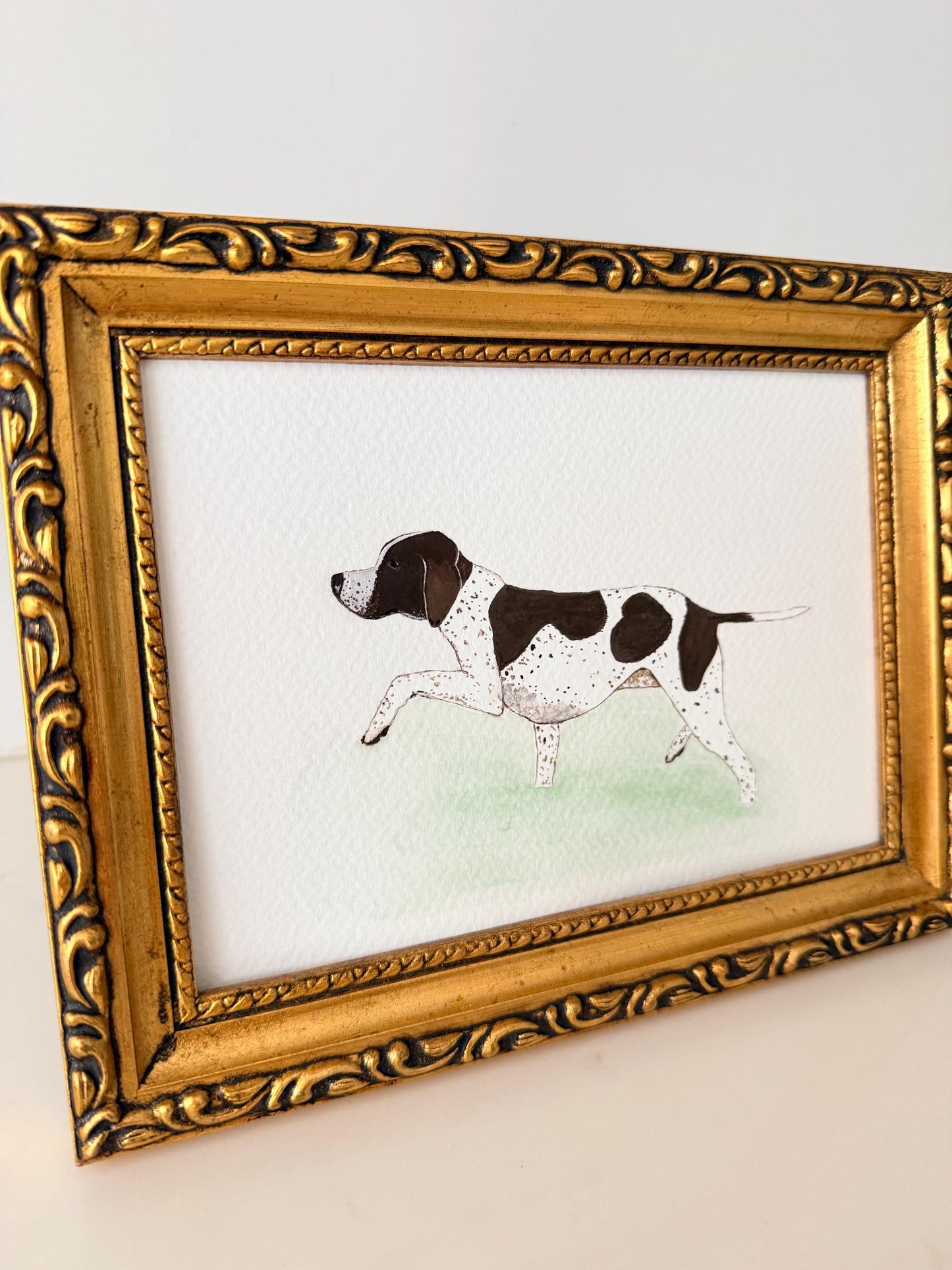 Original Framed Painting German Shorthair Pointer Hunting Dog Wading (Gouache & Watercolor)