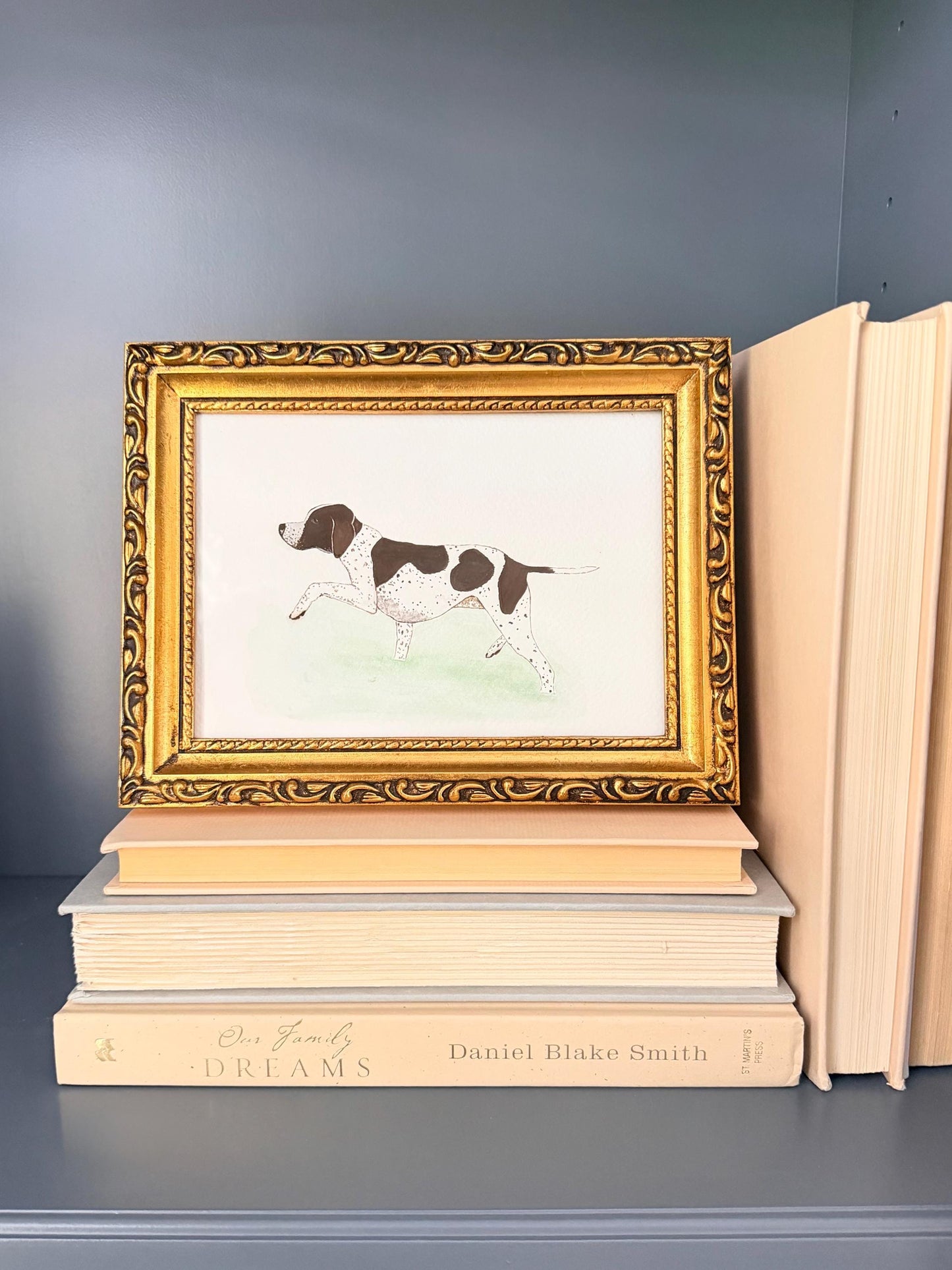 Original Framed Painting German Shorthair Pointer Hunting Dog Wading (Gouache & Watercolor)
