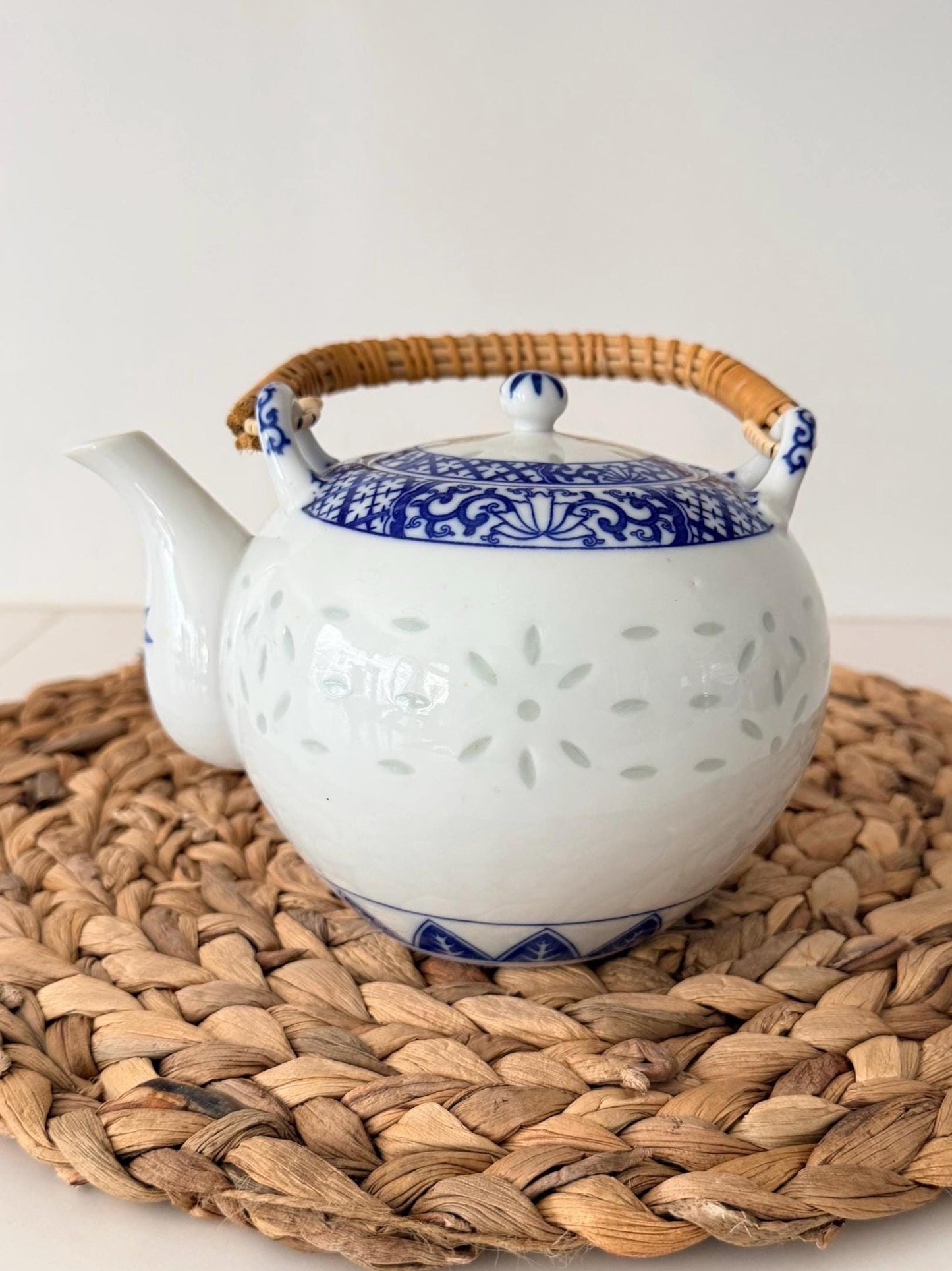 Vintage White & Blue Rice Grain Teapot with Rattan Handle