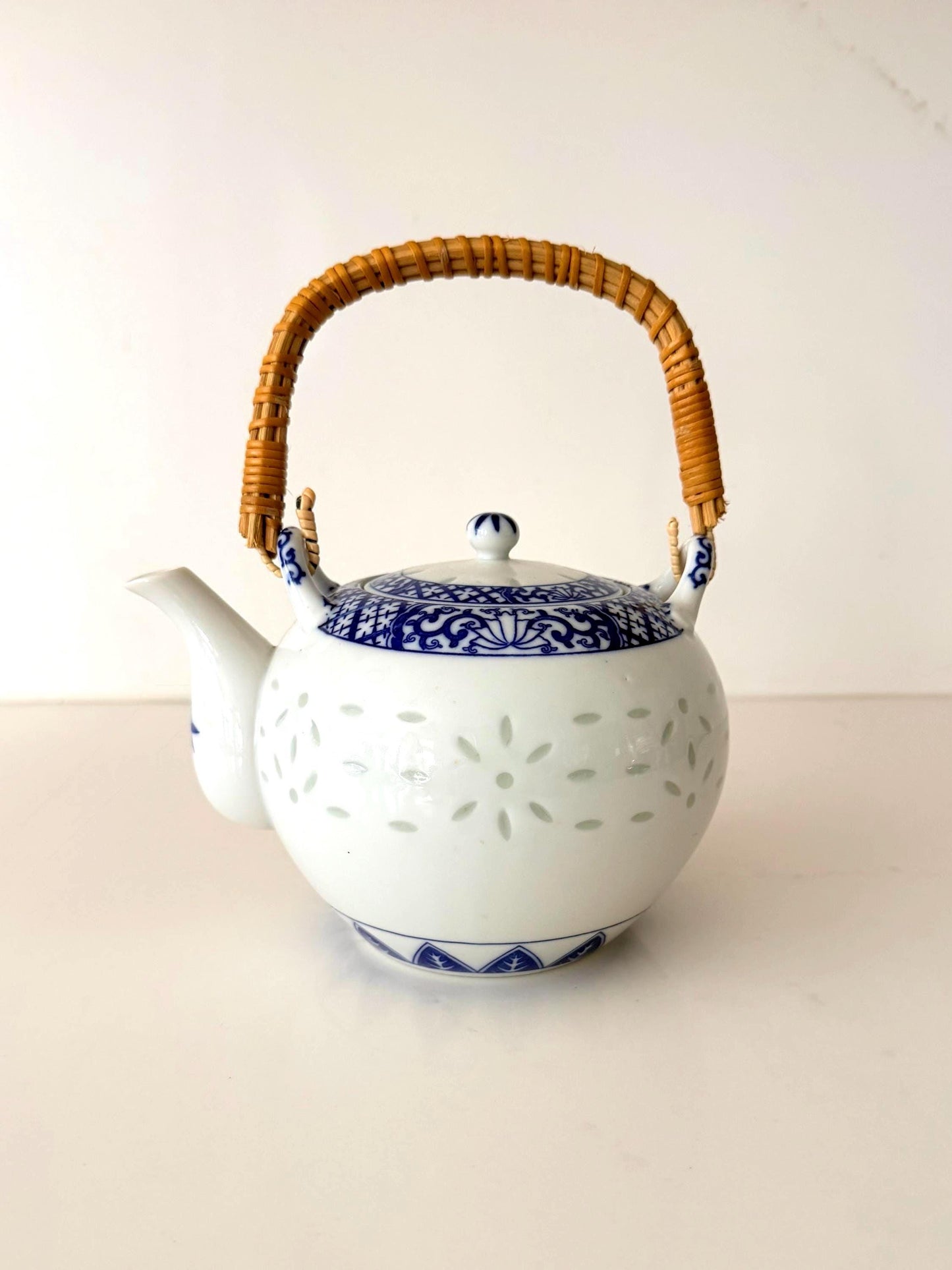 Vintage White & Blue Rice Grain Teapot with Rattan Handle