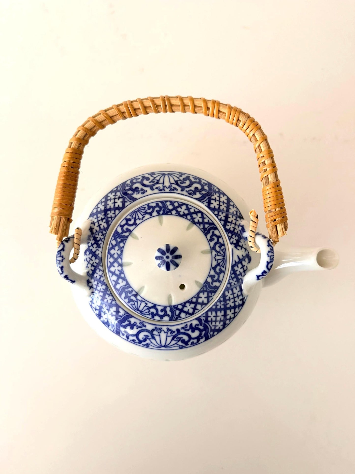 Vintage White & Blue Rice Grain Teapot with Rattan Handle