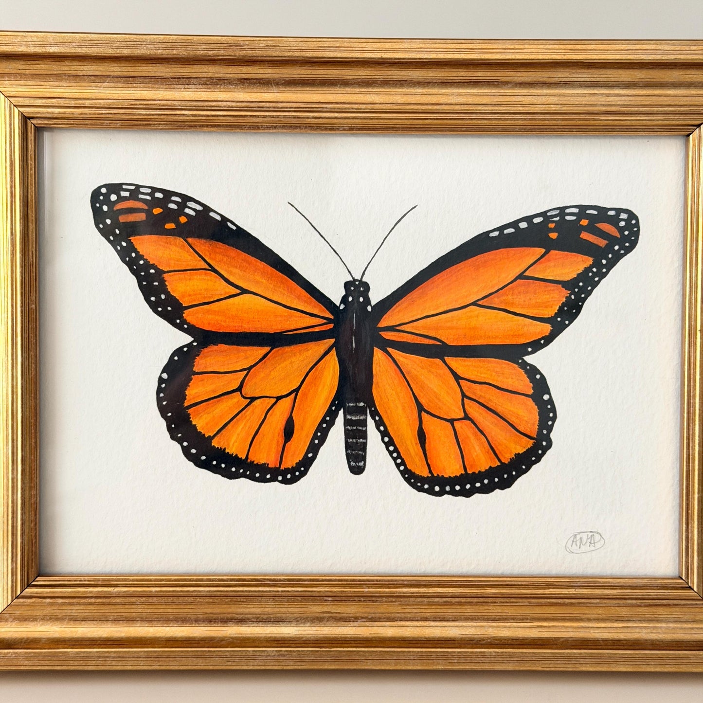 Framed Original Gouache Monarch Butterfly Painting