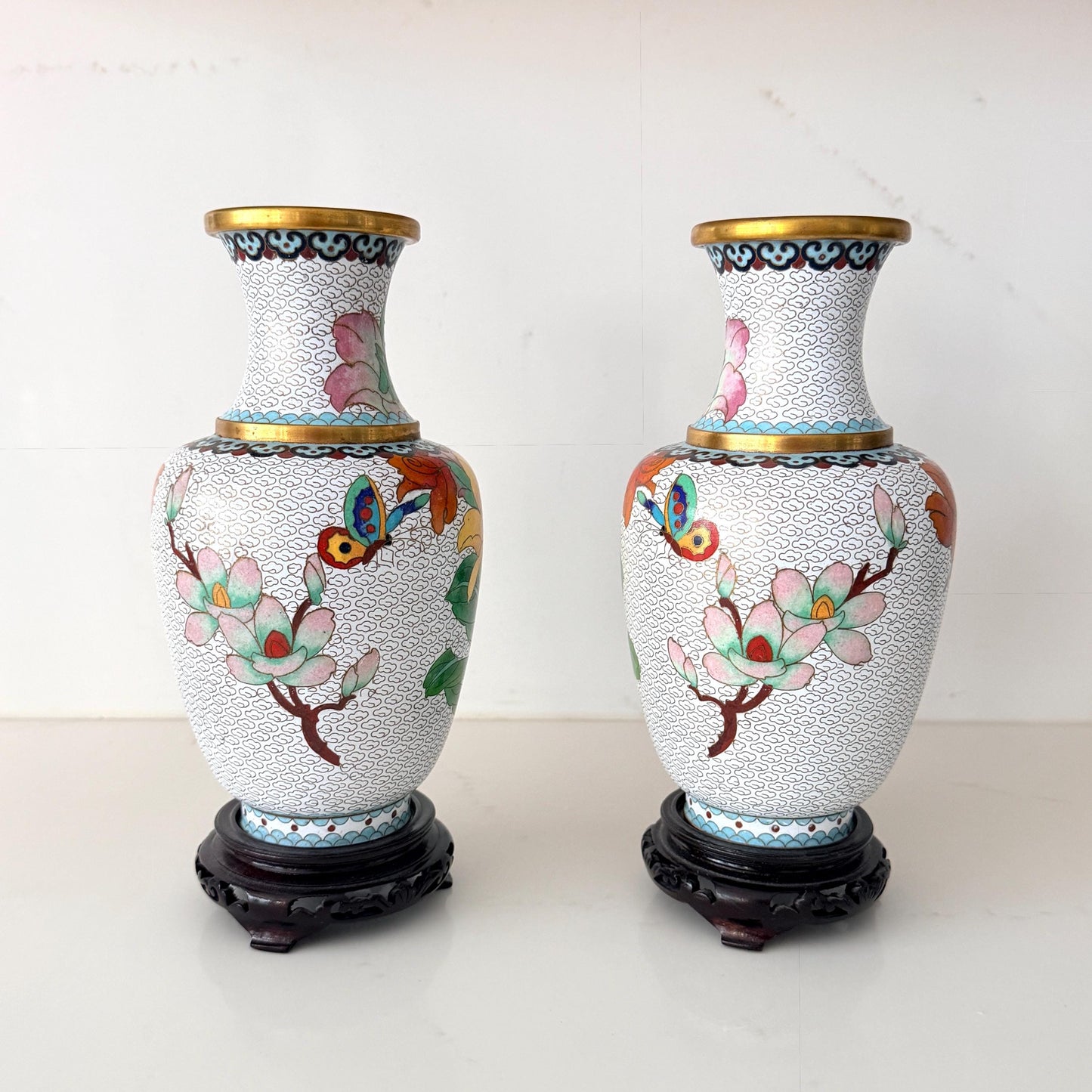 Pair of Vintage Cloisonné Vases with wood bases