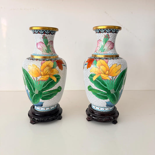 Pair of Vintage Cloisonné Vases with wood bases