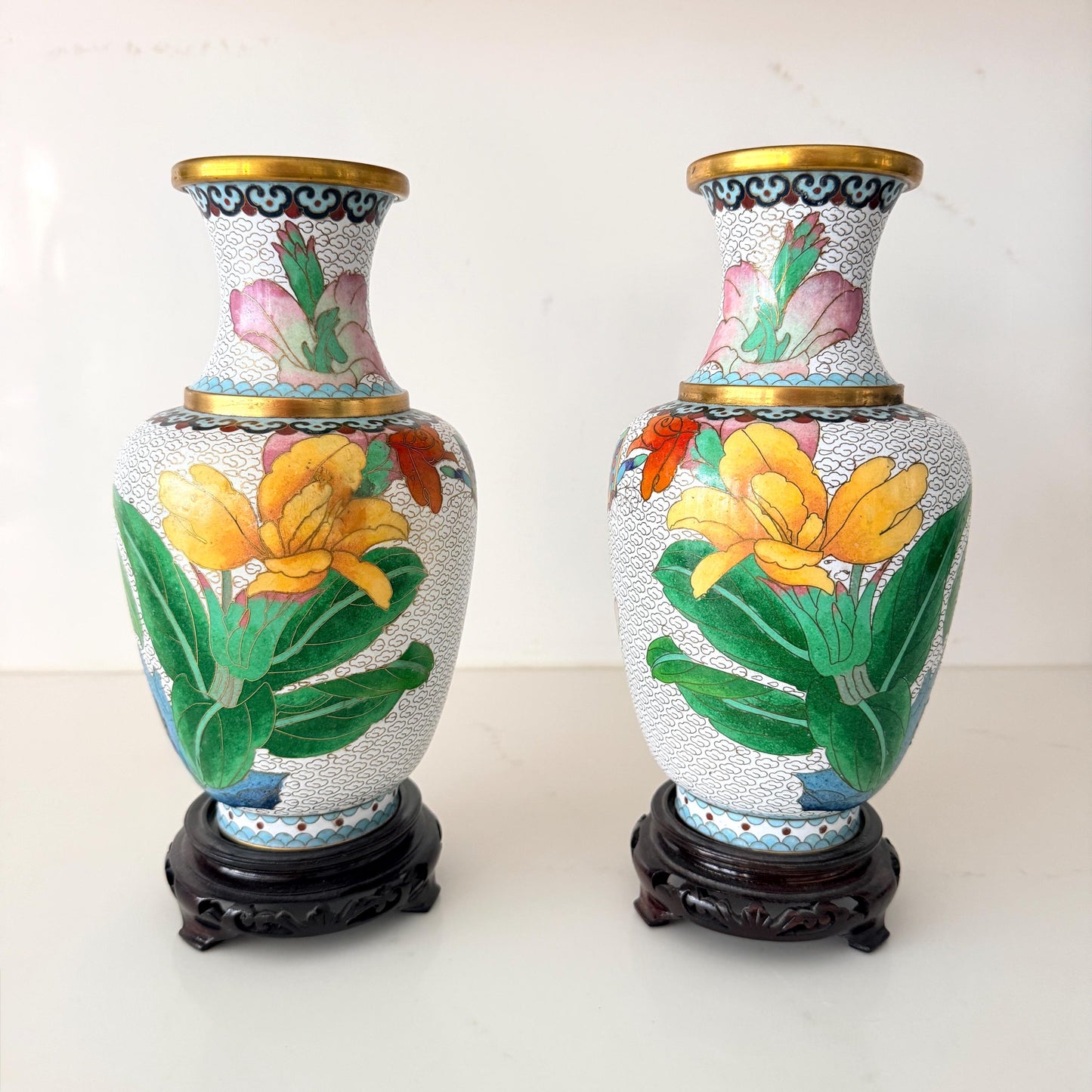 Pair of Vintage Cloisonné Vases with wood bases