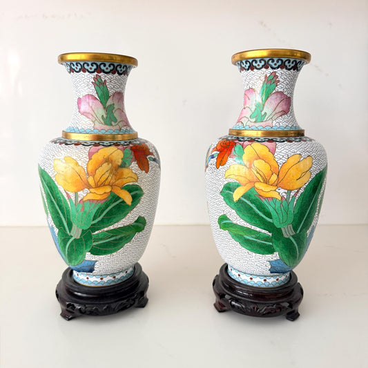 Pair of Vintage Cloisonné Vases with wood bases