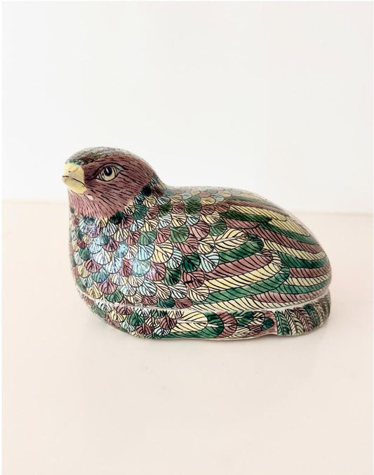 Vintage Chinese Famille Verte Quail Trinket Box