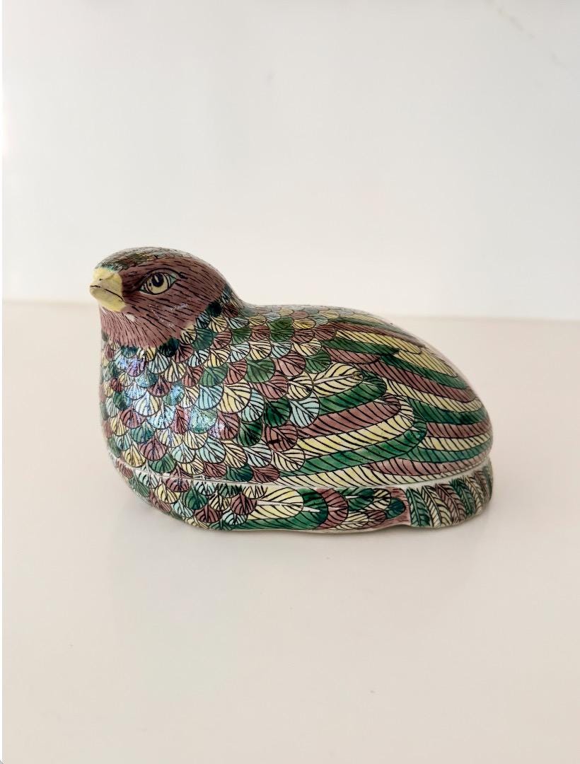 Vintage Chinese Famille Verte Quail Trinket Box