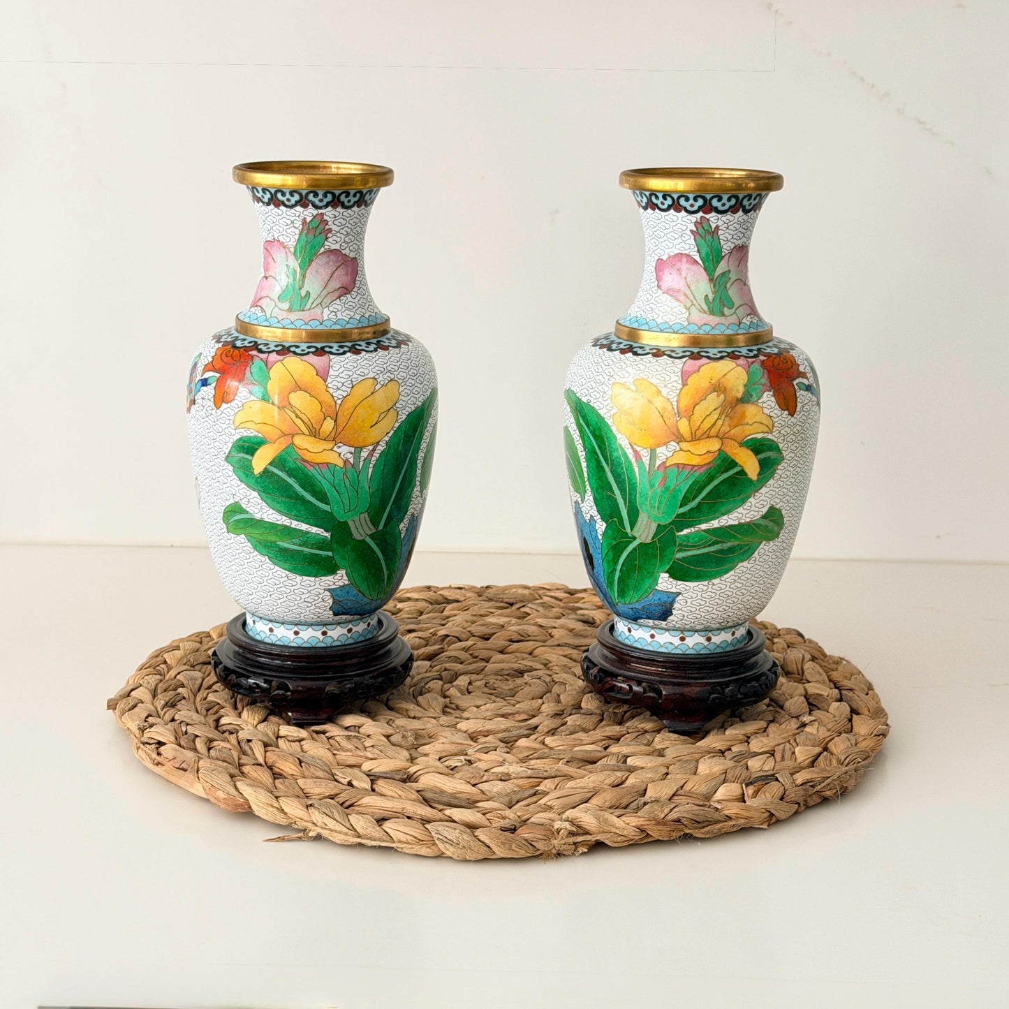 Pair of Vintage Cloisonné Vases with wood bases