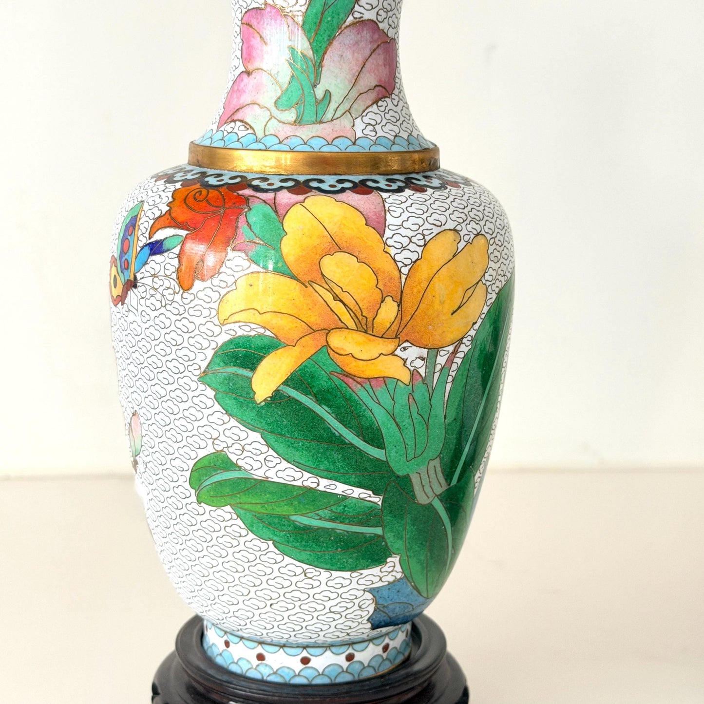 Pair of Vintage Cloisonné Vases with wood bases